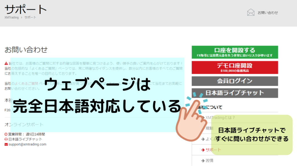 XMのウェブページとカスタマーサポートは完全日本語対応している。
